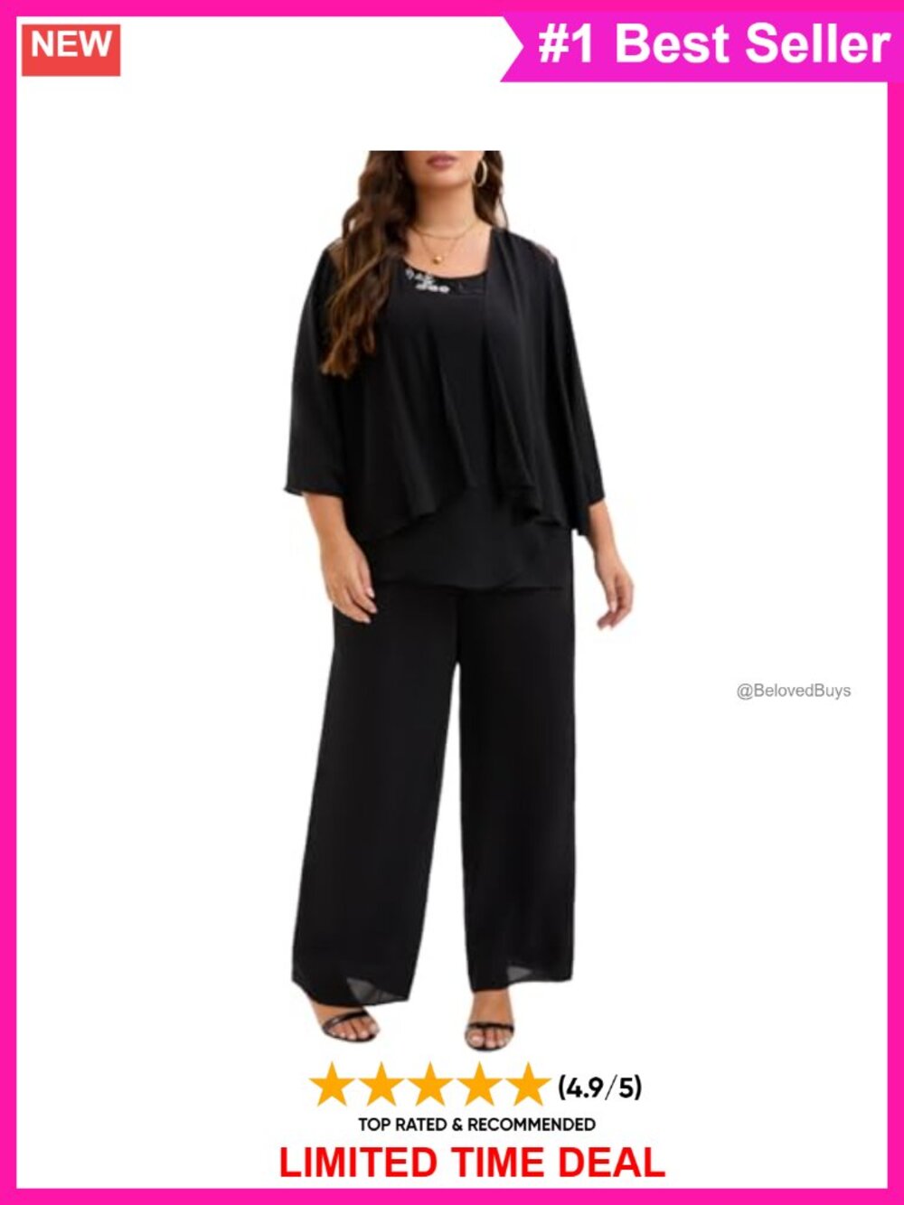 Plus Size 3 Piece Chiffon Pantsuit Lace Sequin Cape Set Mother of Bride
